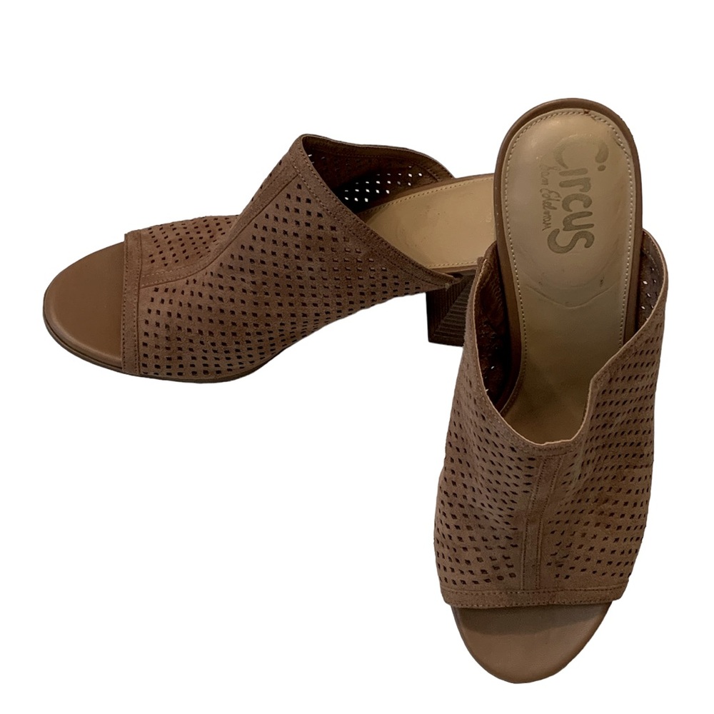 CIRCUS BY SAM EDELMAN Tan Suede Heeled Open Mules Size 9.5.